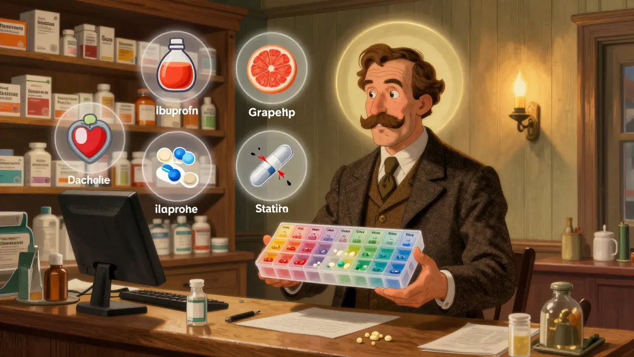 Pharmacist holding pill organizer while dangerous drug interactions float as translucent icons nearby.