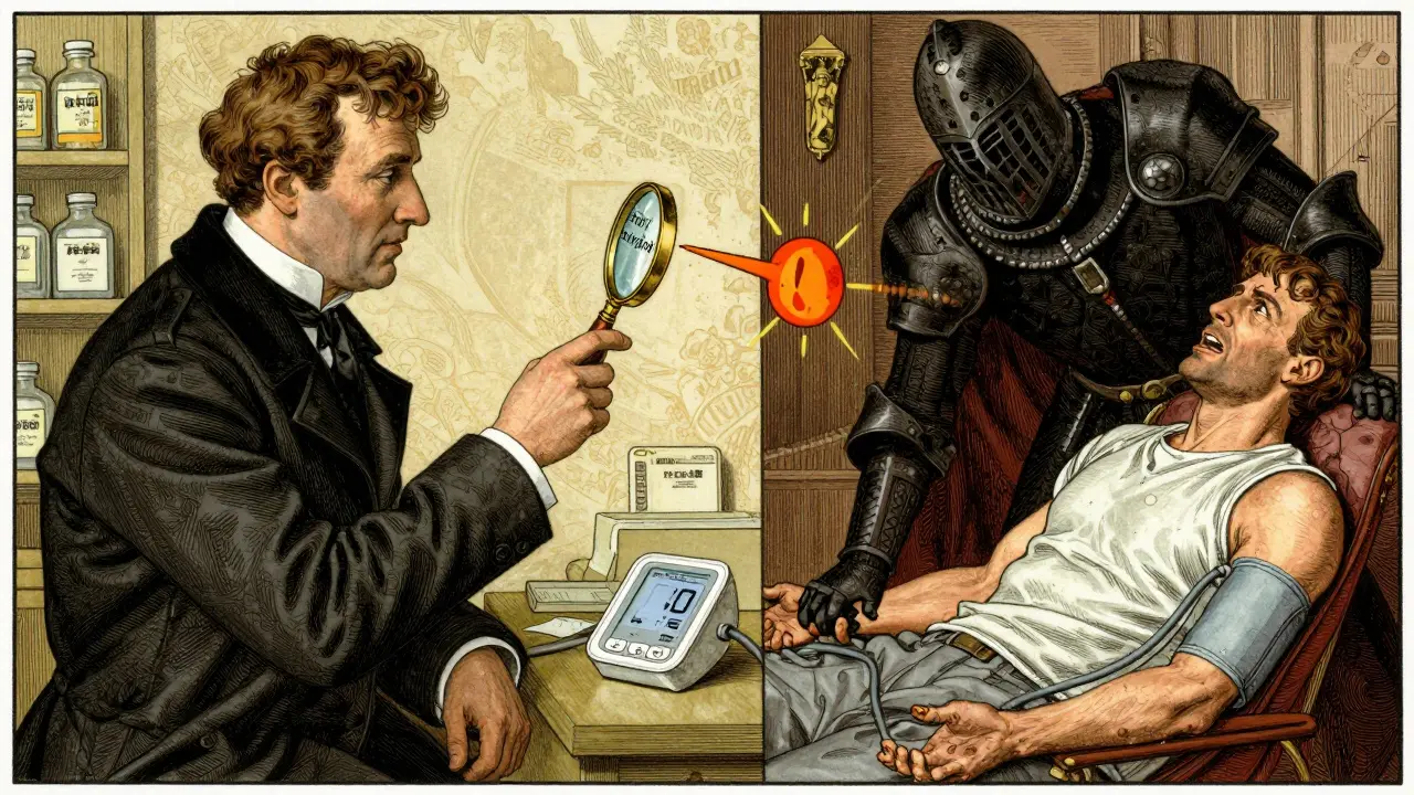 Pharmacist magnifying a supplement label revealing 'Glycyrrhizin' as cortisol overpowers aldosterone.