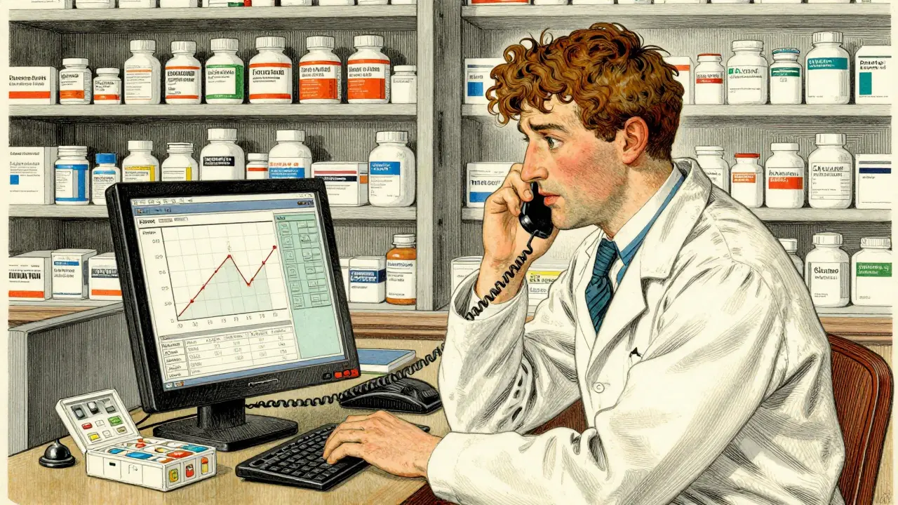 Pharmacist reviewing adherence data on a dashboard while speaking kindly on the phone to a patient.