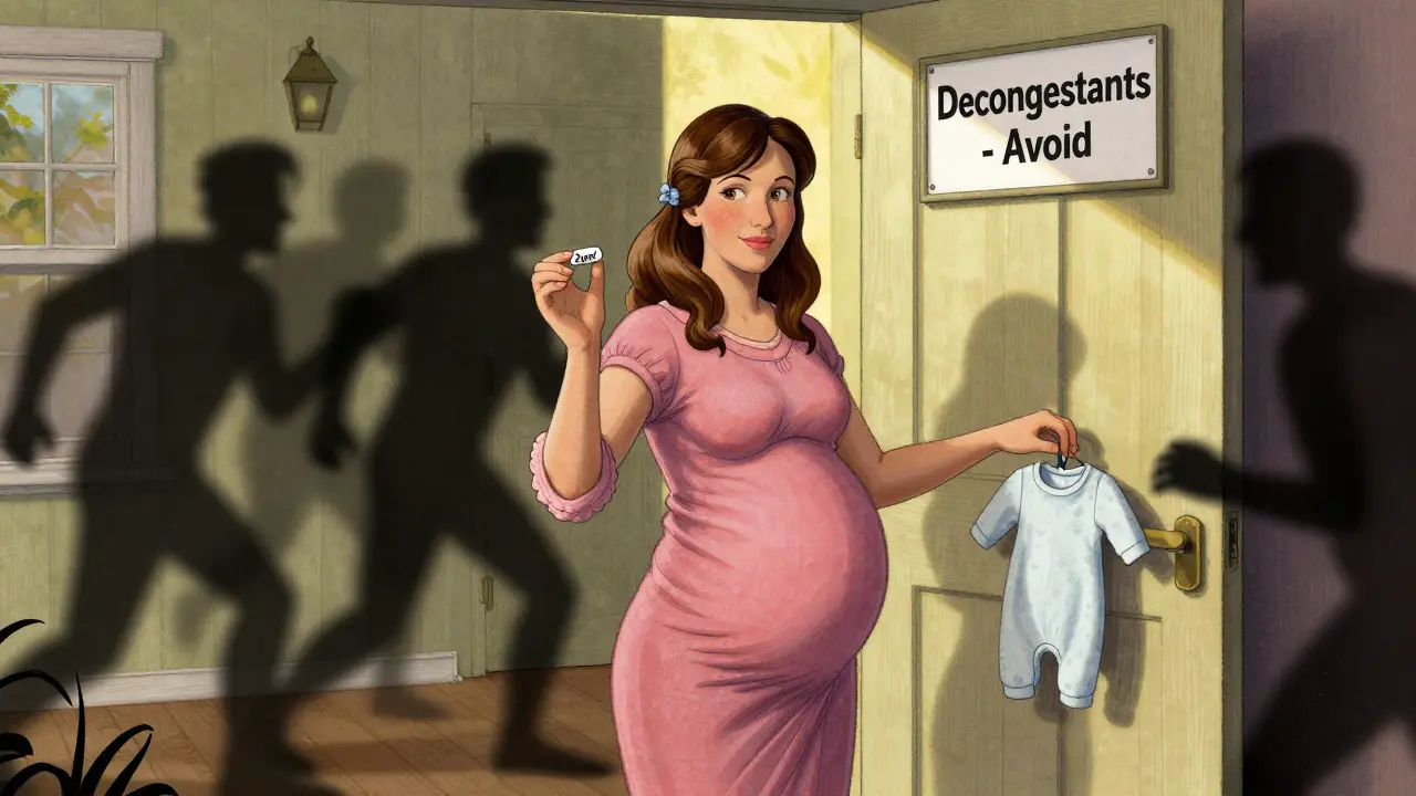 Pregnant woman choosing safe Zyrtec while rejecting dangerous decongestants, sunlight highlighting her baby's onesie.