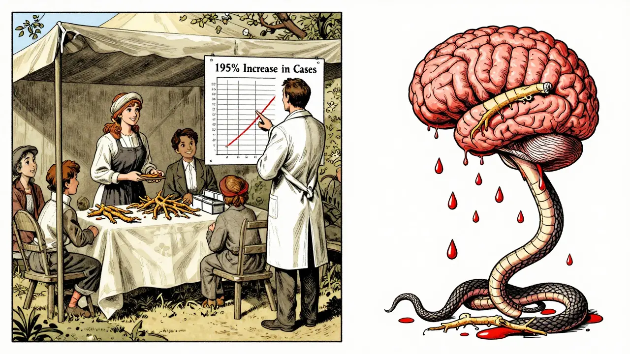 Split illustration: peaceful herbal market vs. Rhodiola roots twisting into a brain, spilling serotonin.