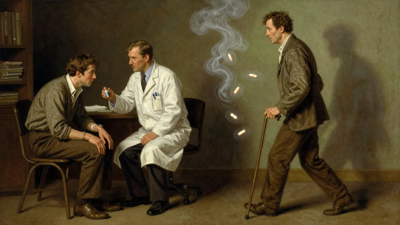 Split scene: man getting statins for muscle pain, later walking stronger with statins as protective symbols.