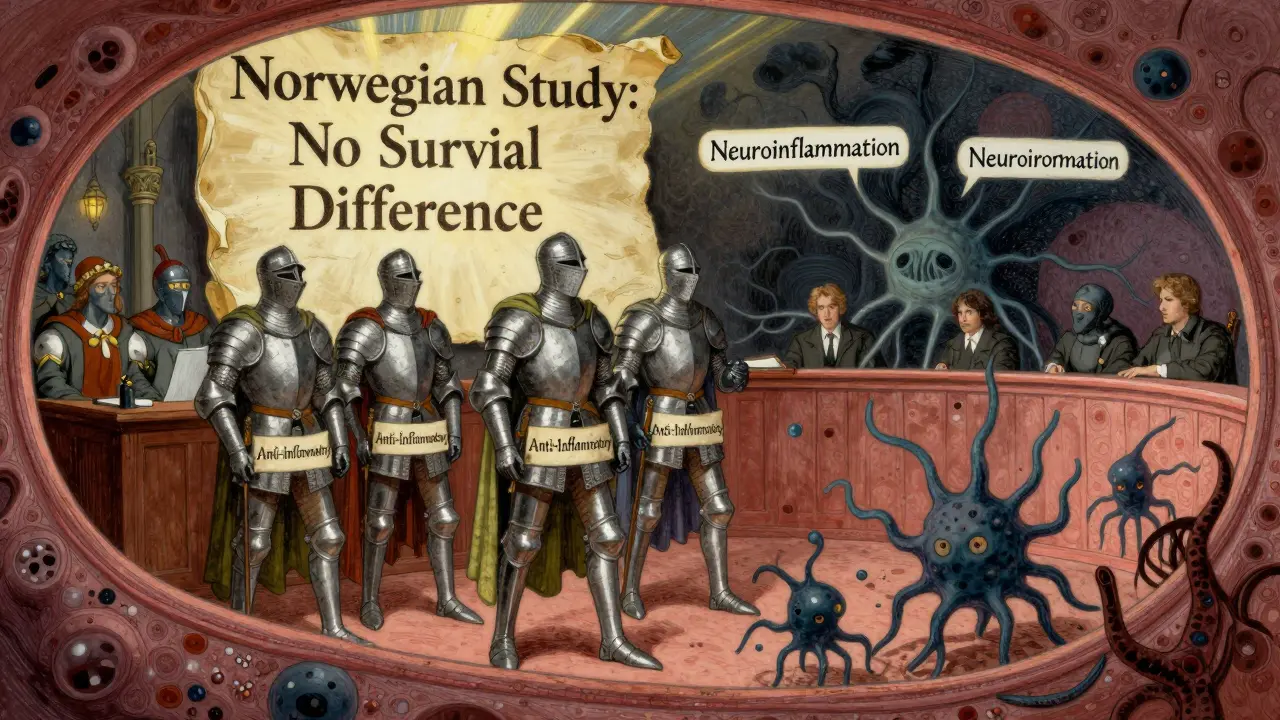 Statins as knights defending motor neurons from inflammation monsters in a dramatic inner-body battle.