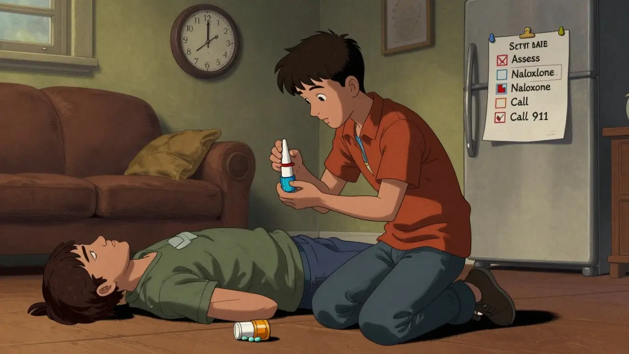 Teen preparing to administer naloxone to an unresponsive adult on living room floor.