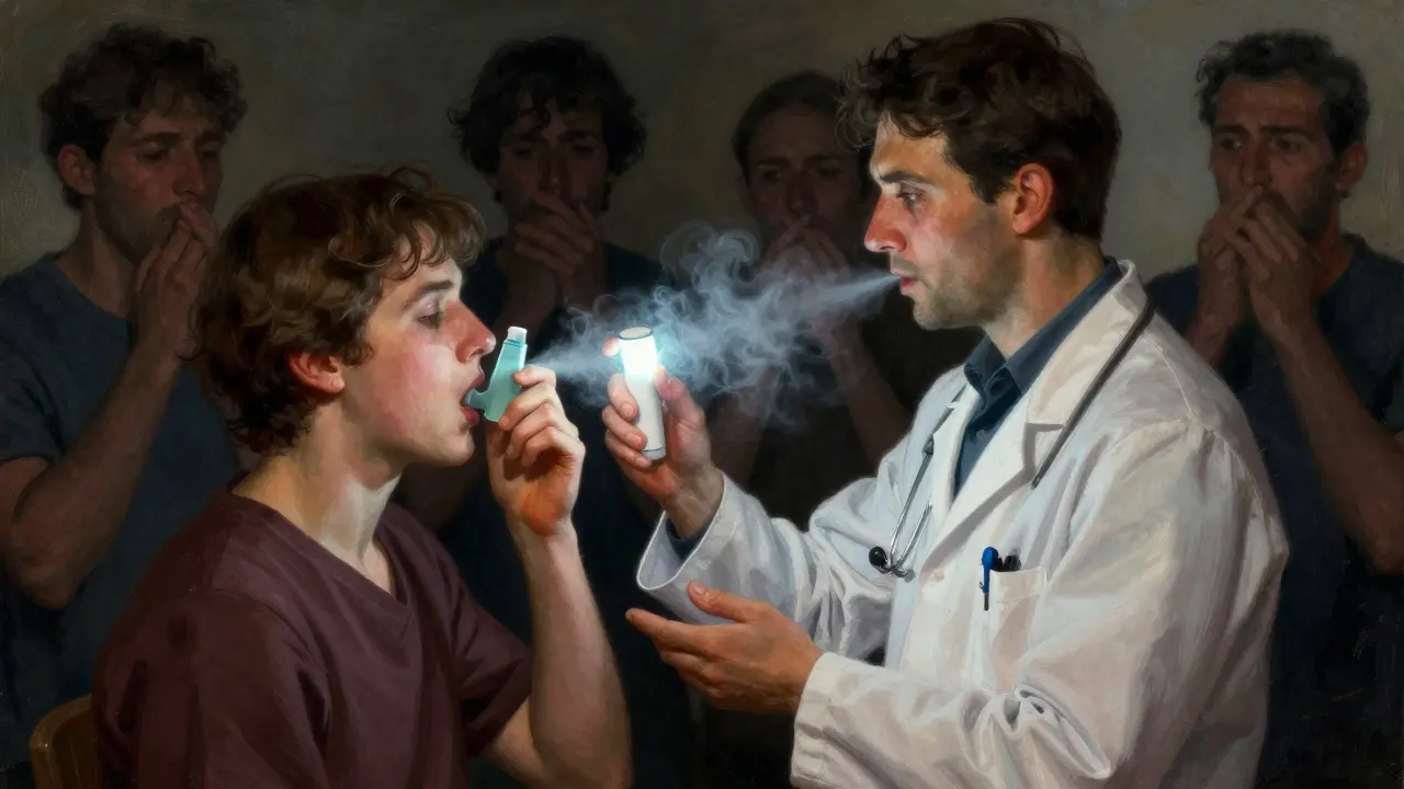 Therapist guiding patient with glowing inhaler trainer, correct technique illuminated.