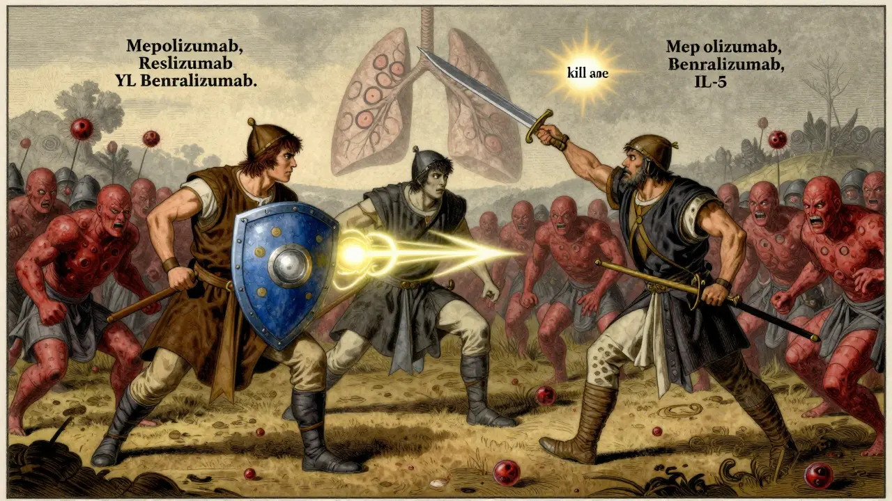 Three biologic warriors fight eosinophil soldiers in a lung battlefield, blocking IL-5 signals.