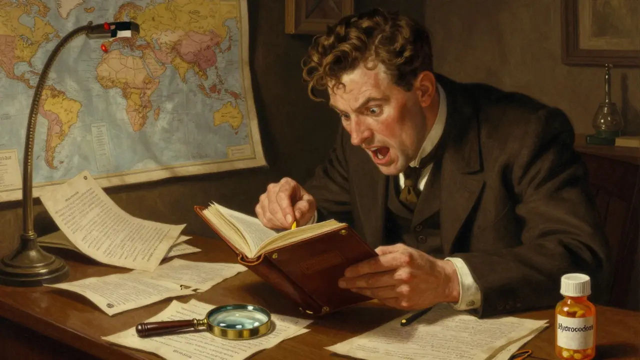 Traveler reviewing documents and maps with pill bottle under magnifying glass.