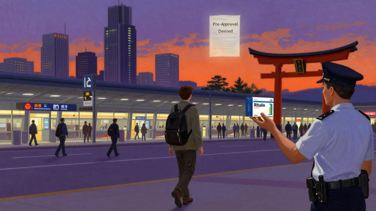 Traveler walking away from airport as officer holds up banned medication box.