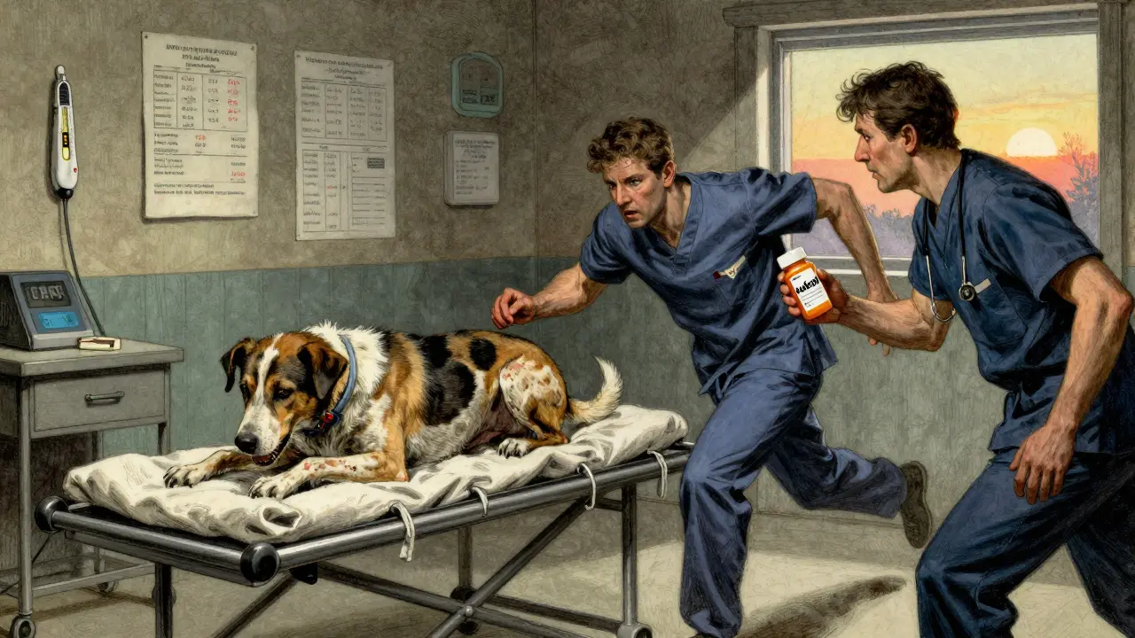 Vet rushing with dog on stretcher in clinic, owner holding Adderall bottle at dawn.