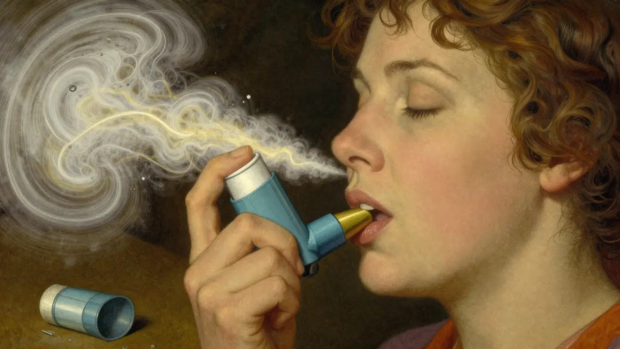 Woman inhaling deeply with dry powder inhaler, medicine swirling into lungs, spacer on floor.