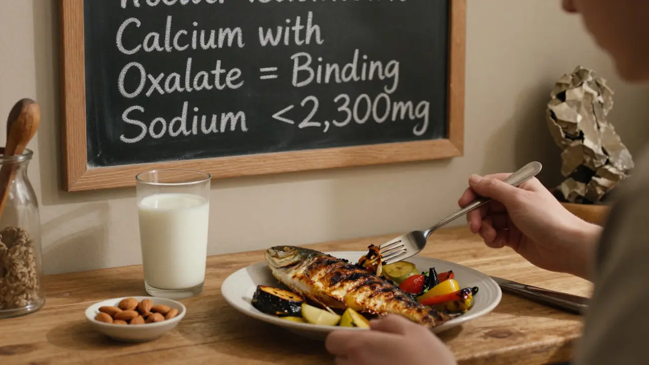 A balanced meal with milk, almonds, and vegetables, with a chalkboard showing sodium and calcium guidelines for preventing kidney stones.