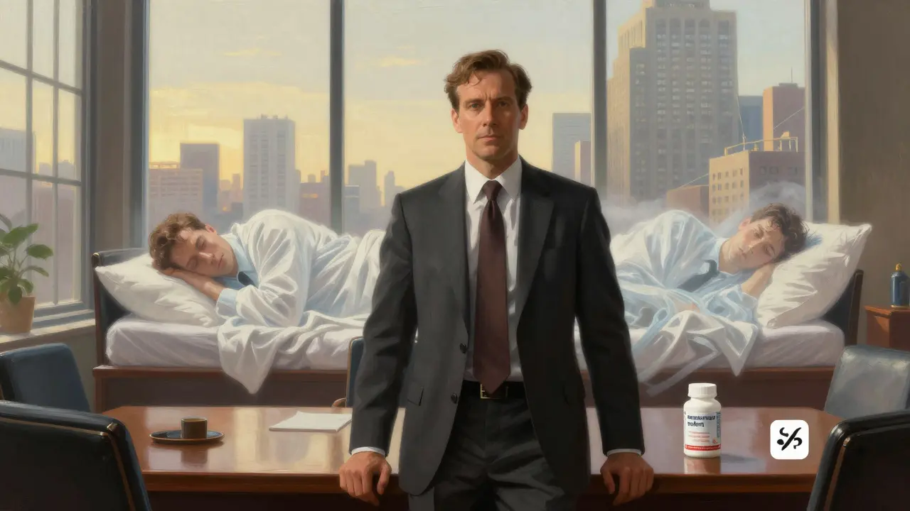 A confident executive in a New York boardroom, sunlight shining as his former jet-lagged self fades behind him.