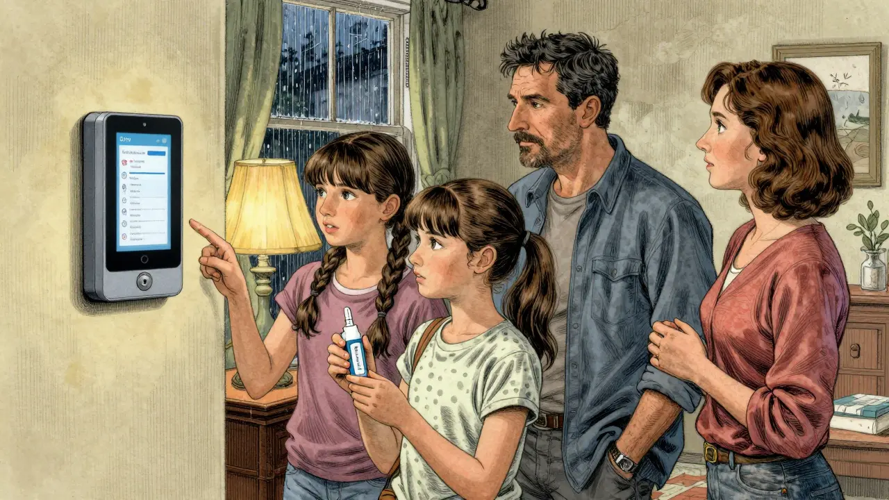 A family practicing an emergency medication drill using a wall-mounted smart medicine box in their living room.