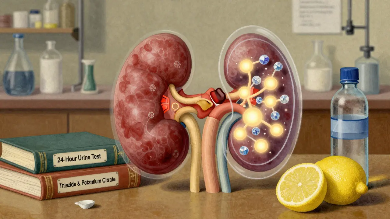 A glowing kidney with citrate shielding crystals, illustrated in classic Howard Pyle style to represent science-based stone prevention.