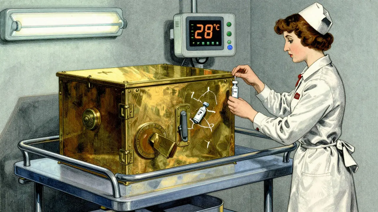 A nurse quickly retrieving epinephrine from a locked crash cart with a temperature monitor glowing nearby.