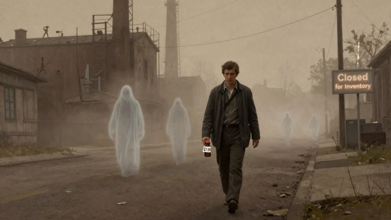 A patient walks at dawn holding a .50 pill bottle, with ghostly abandoned factories fading into the mist behind them.
