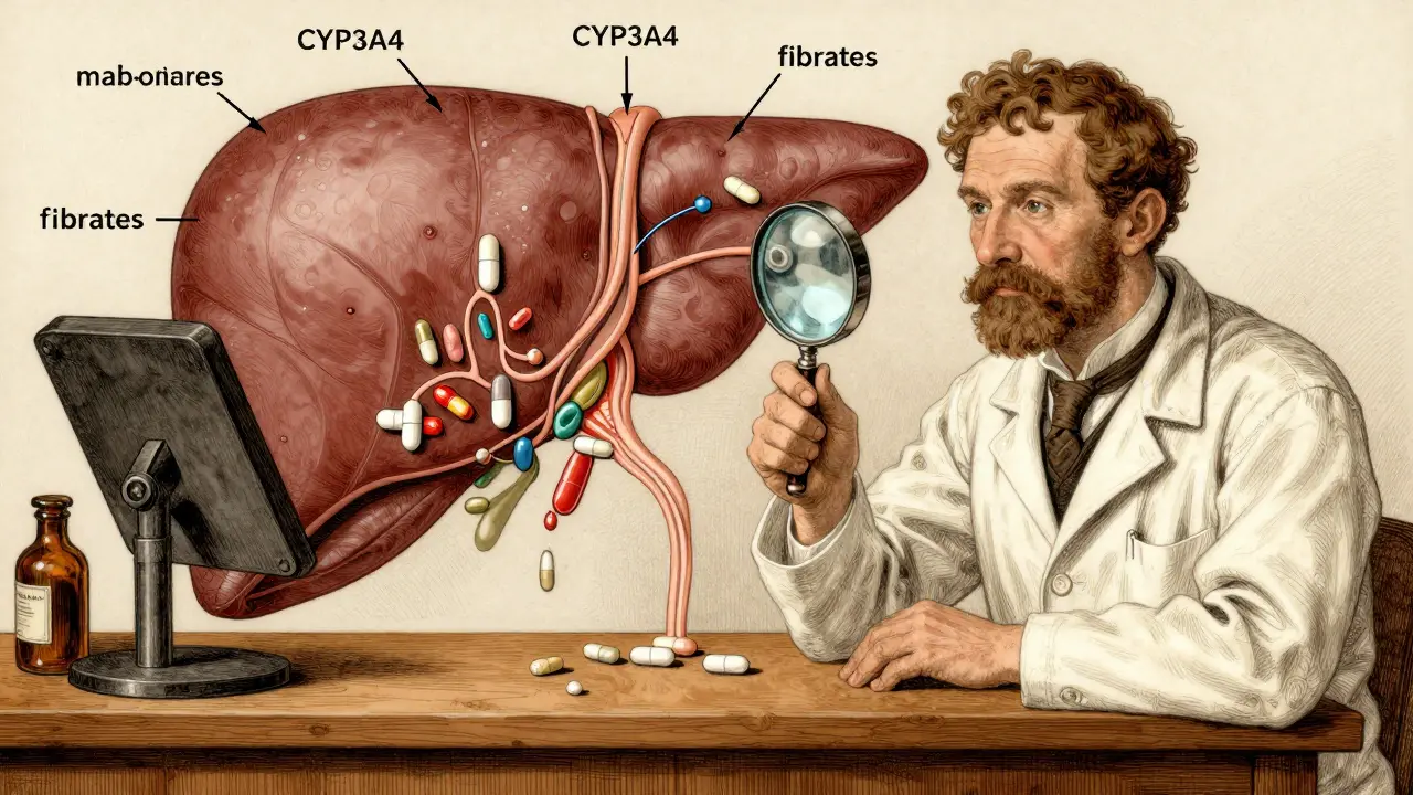 A pharmacist examining a detailed liver diagram with arrows showing how drugs block statin metabolism pathways.