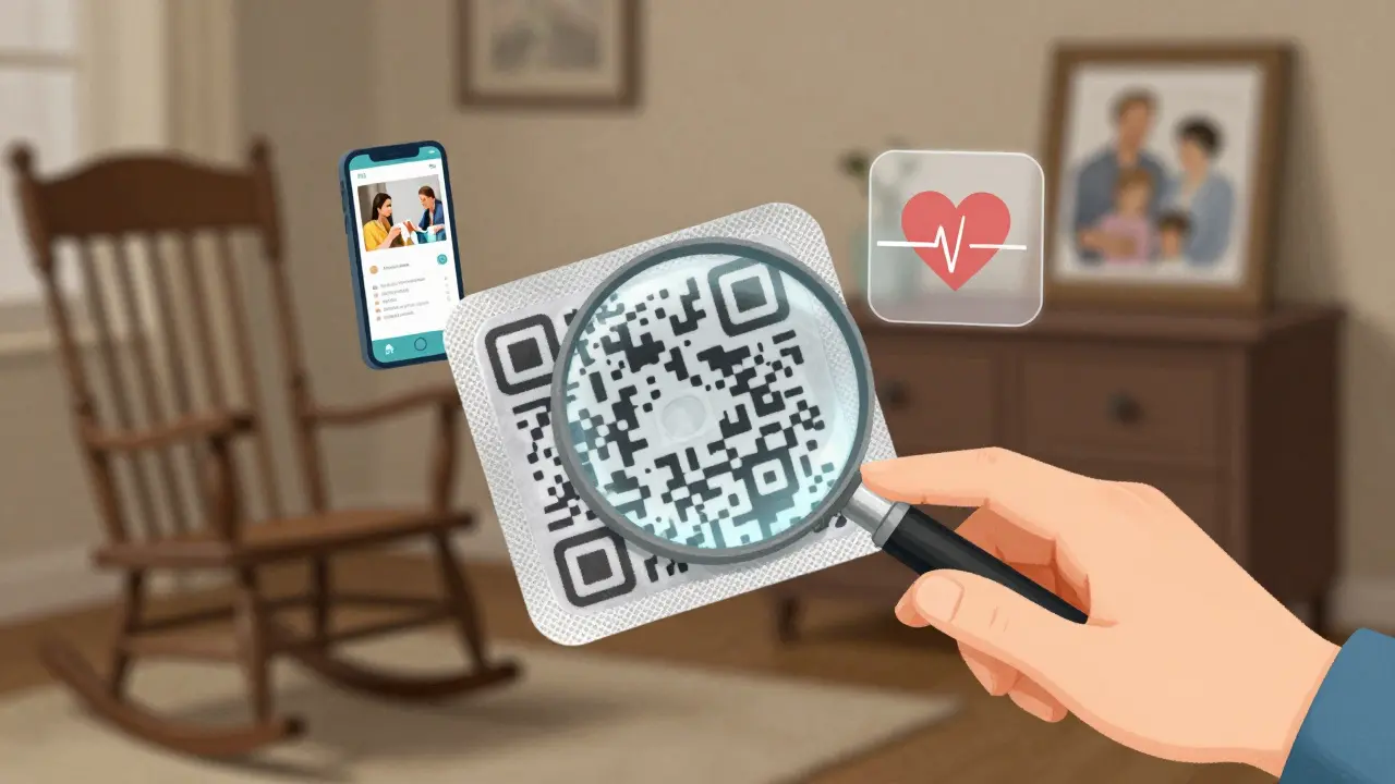 A smart blister pack with QR codes and floating digital icons, viewed under a magnifying glass.
