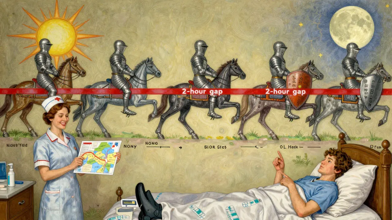 Five medication bottles depicted as armored knights on a timeline path, with a warning barrier between two, guided by a nurse holding a prescription label.