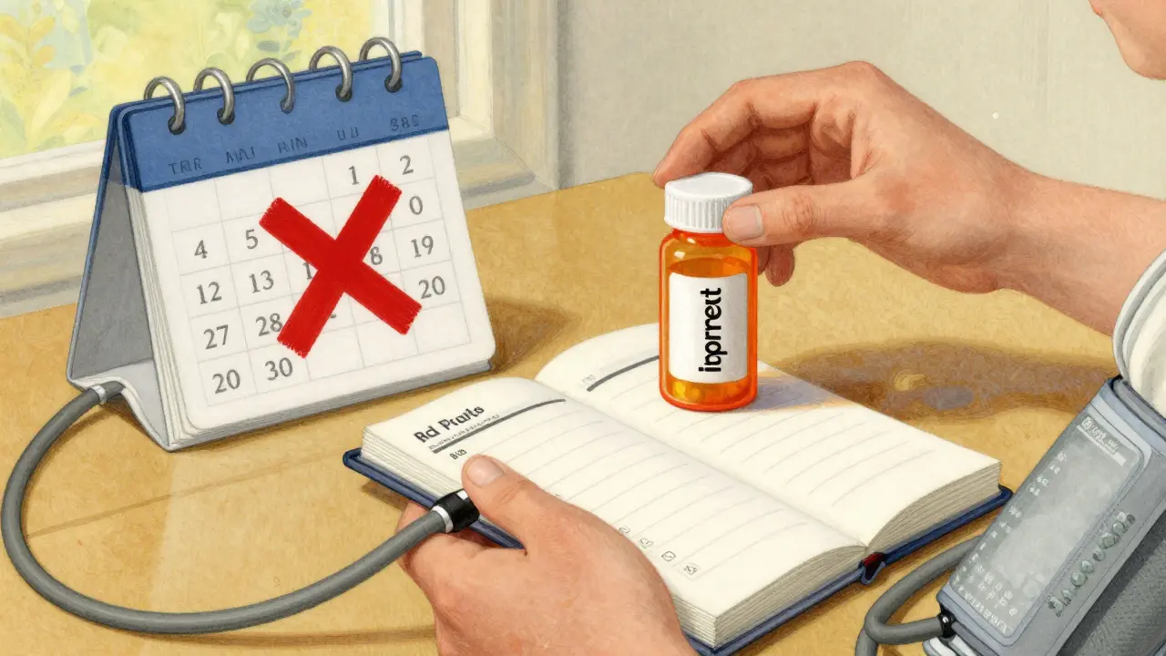 Person taking medication with calendar reminder and NSAID warning symbol.