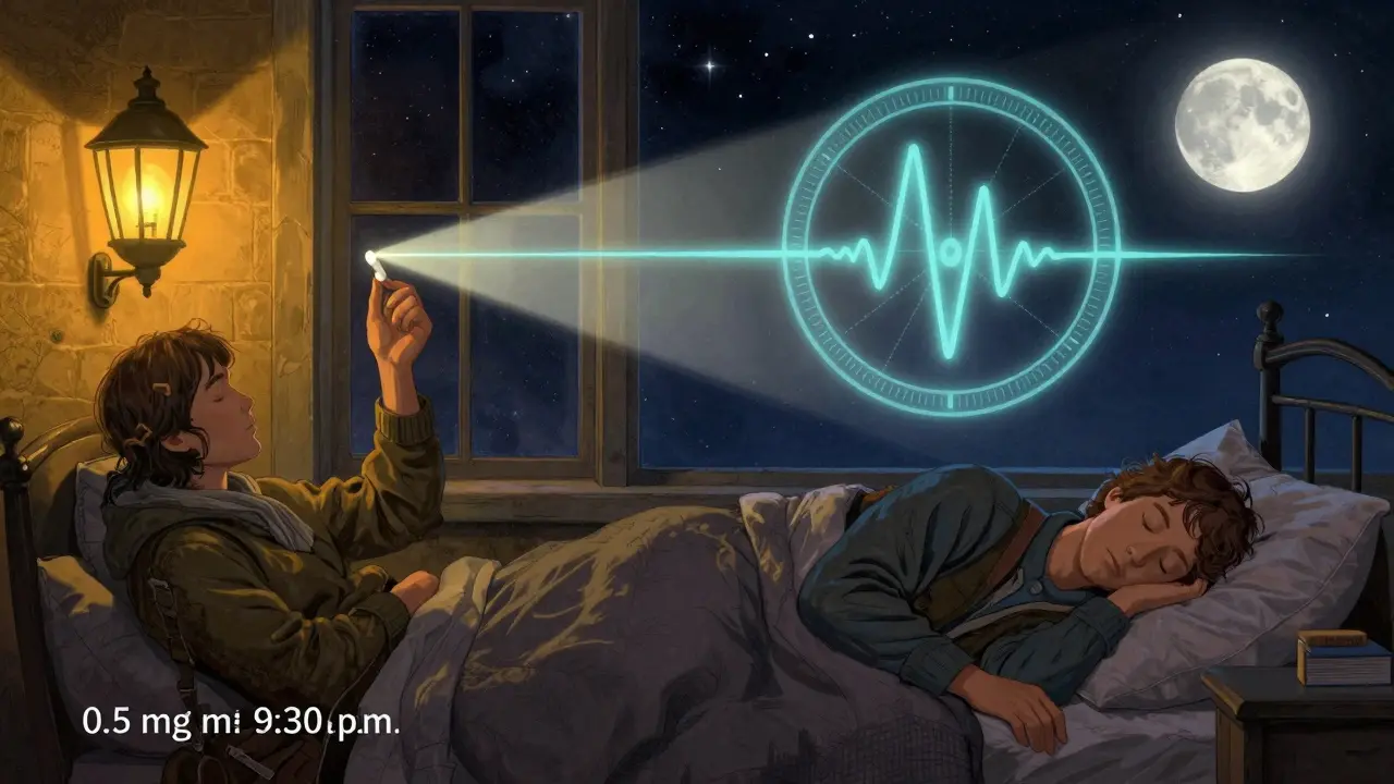Split scene: traveler taking immediate-release melatonin at night, with a glowing circadian rhythm wheel turning peacefully.