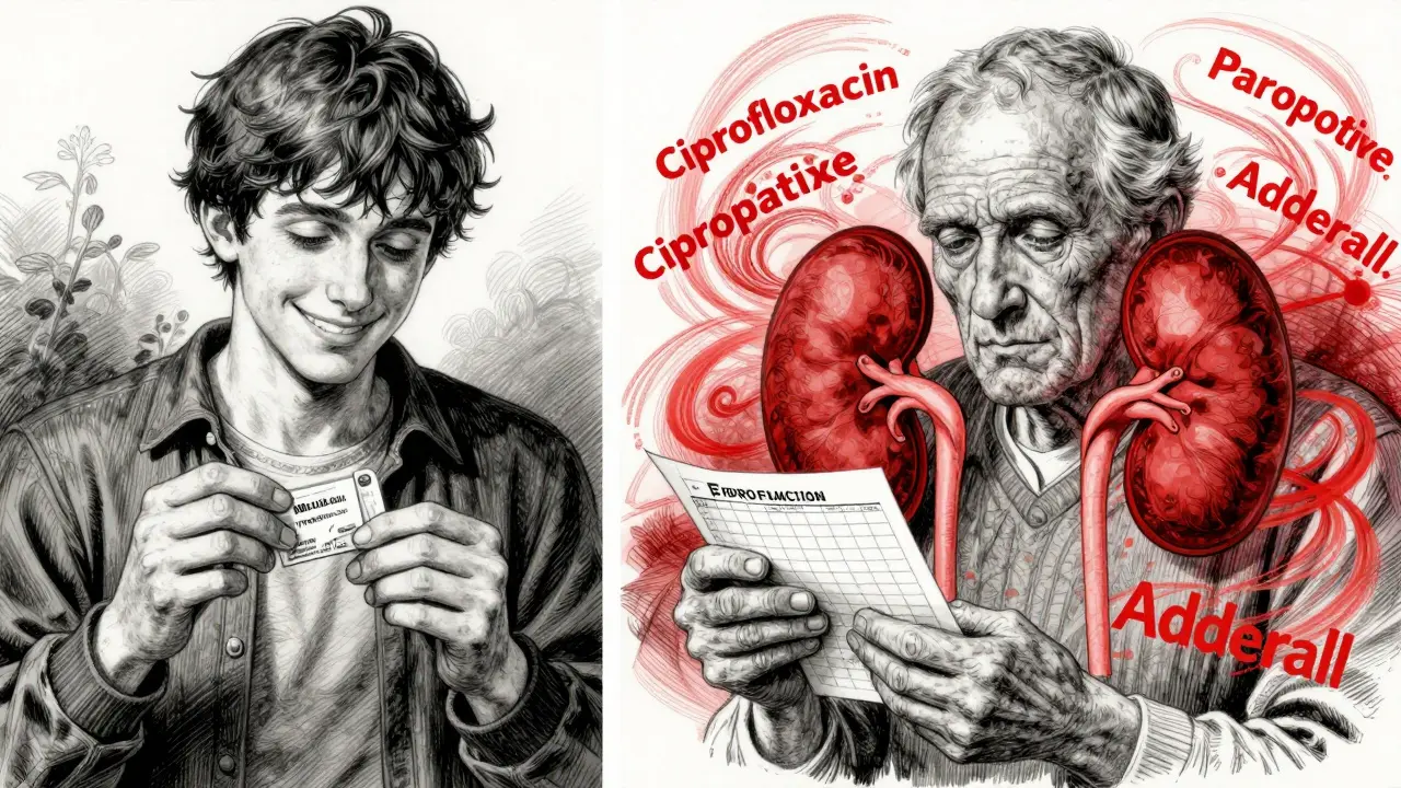 Split scene: young person safe vs. older patient at risk from tramadol and other medications.