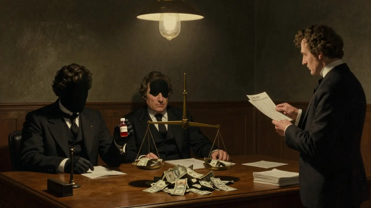 Three corporate executives at a wooden table with a vial of doxycycline and a tipping scale of money, opposite a pharmacist holding prescriptions.
