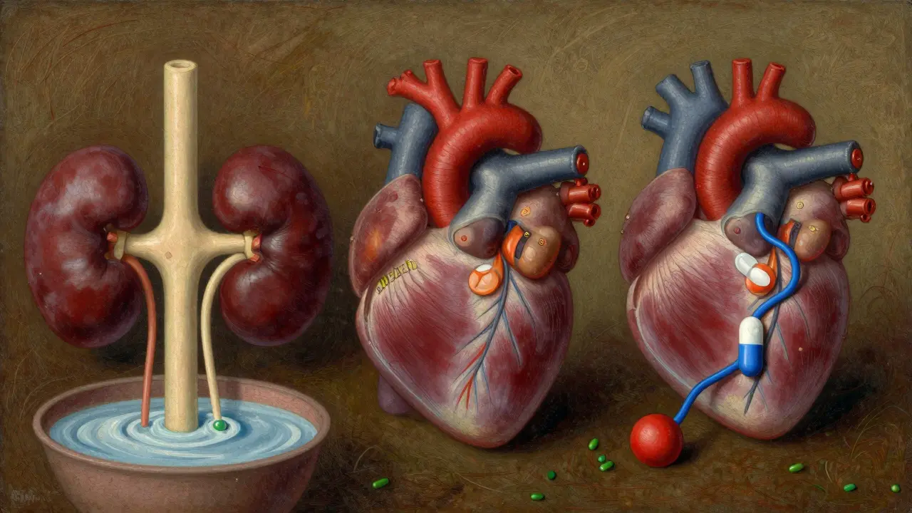 Three medication mechanisms: diuretic, beta-blocker, ACE inhibitor in one illustration.