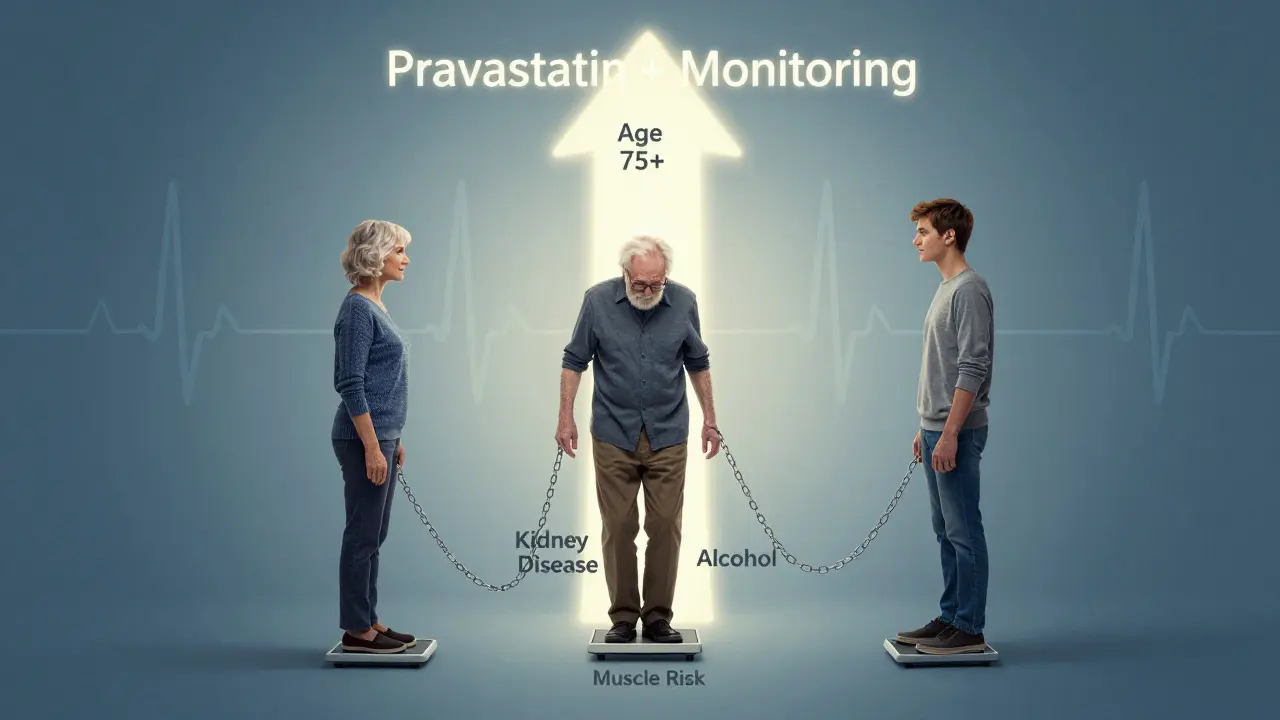 Three patients on a risk scale, with heavy burdens on the elderly, while a safe path of pravastatin rises above them.