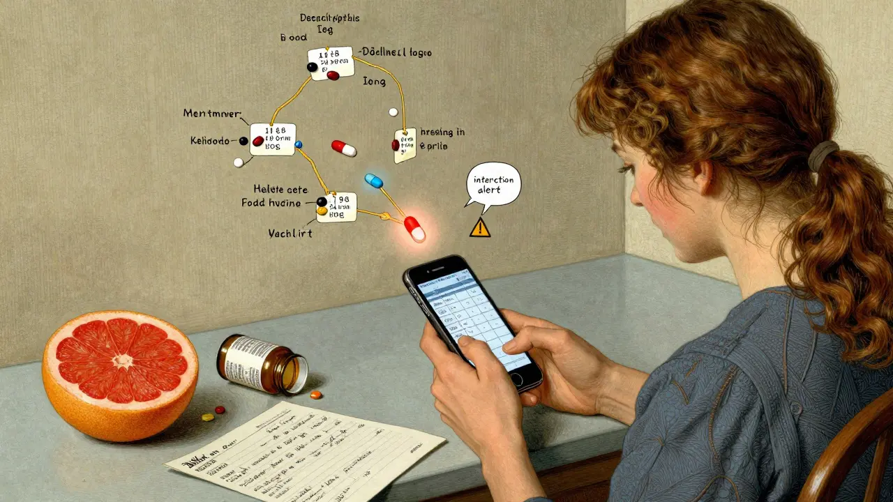 Woman scanning a medication label with her phone, which displays an animated dosing schedule with interaction alerts and food warnings.