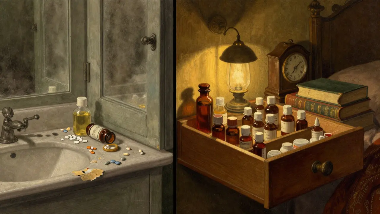 A bedroom drawer with organized medicine bottles lit by a warm lamp, contrasting a cluttered bathroom cabinet.