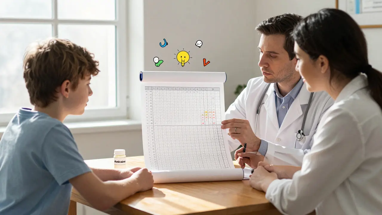 A clinician and parent sit with a teen, reviewing a mood chart as a locked medication jar rests on the table, symbolizing careful monitoring.