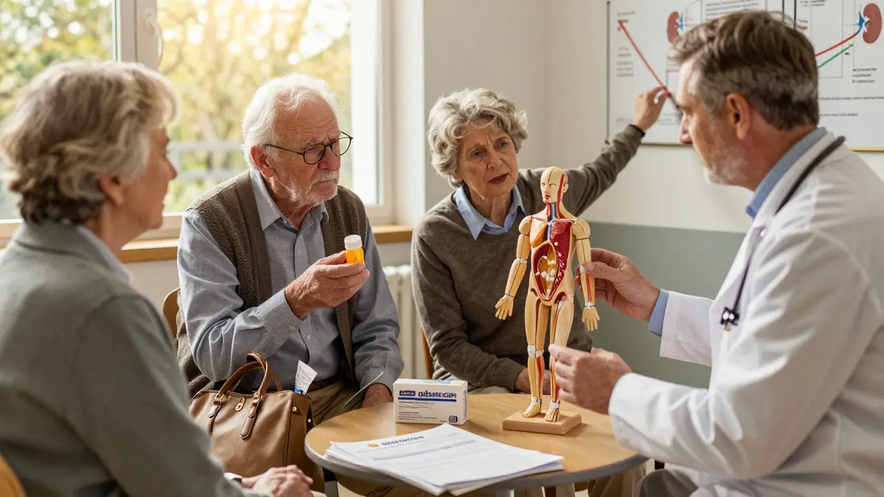 A doctor explains aging and drug absorption to seniors using a body model, with pill bottles visible in the scene.
