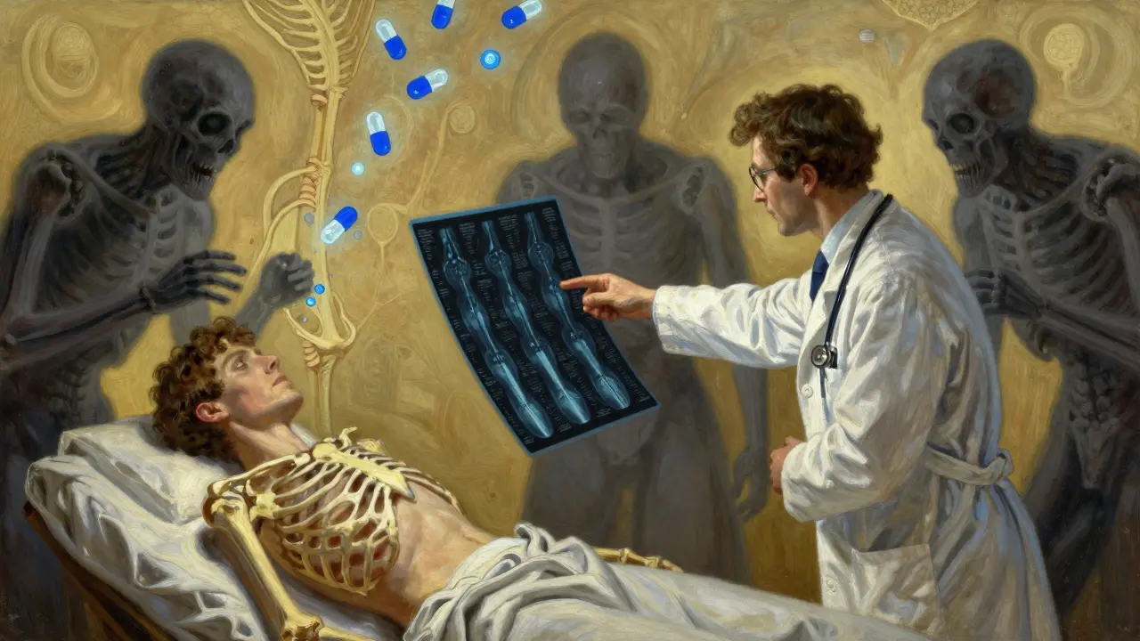 A doctor points to a normal DEXA scan while shadowy bone-eating cells attack the skeleton, and blue bisphosphonate molecules defend the bone.