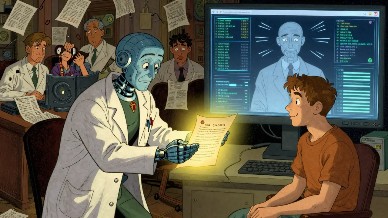 A doctor receives an AI-generated alert as a patient smiles, contrasting chaotic past methods with a harmonious, data-driven future.