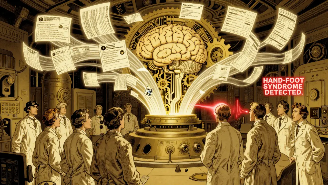 A glowing data hub connects health records, social media, and wearable metrics, with a central machine flashing a detected adverse reaction.