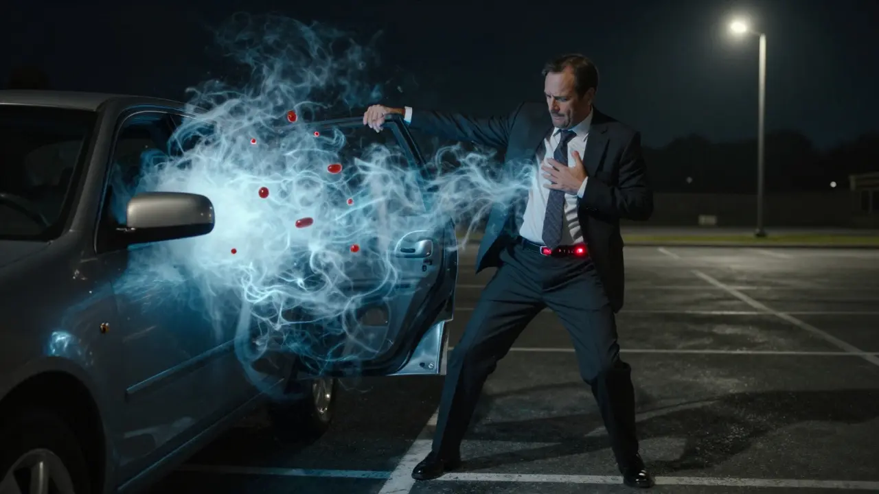 A man near his car struggling with low blood sugar, shadowy mist swirling around him, CGM flashing red in dim light.