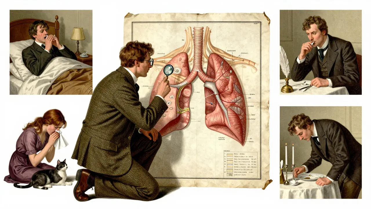 A medical detective examines an anatomical map with three vignettes depicting cough triggers in daily life.