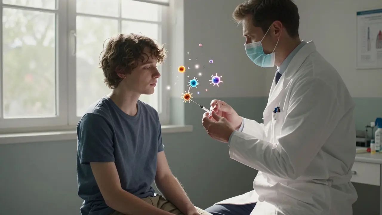 A patient receiving a venom immunotherapy injection as immune cells glow with reprogramming light.