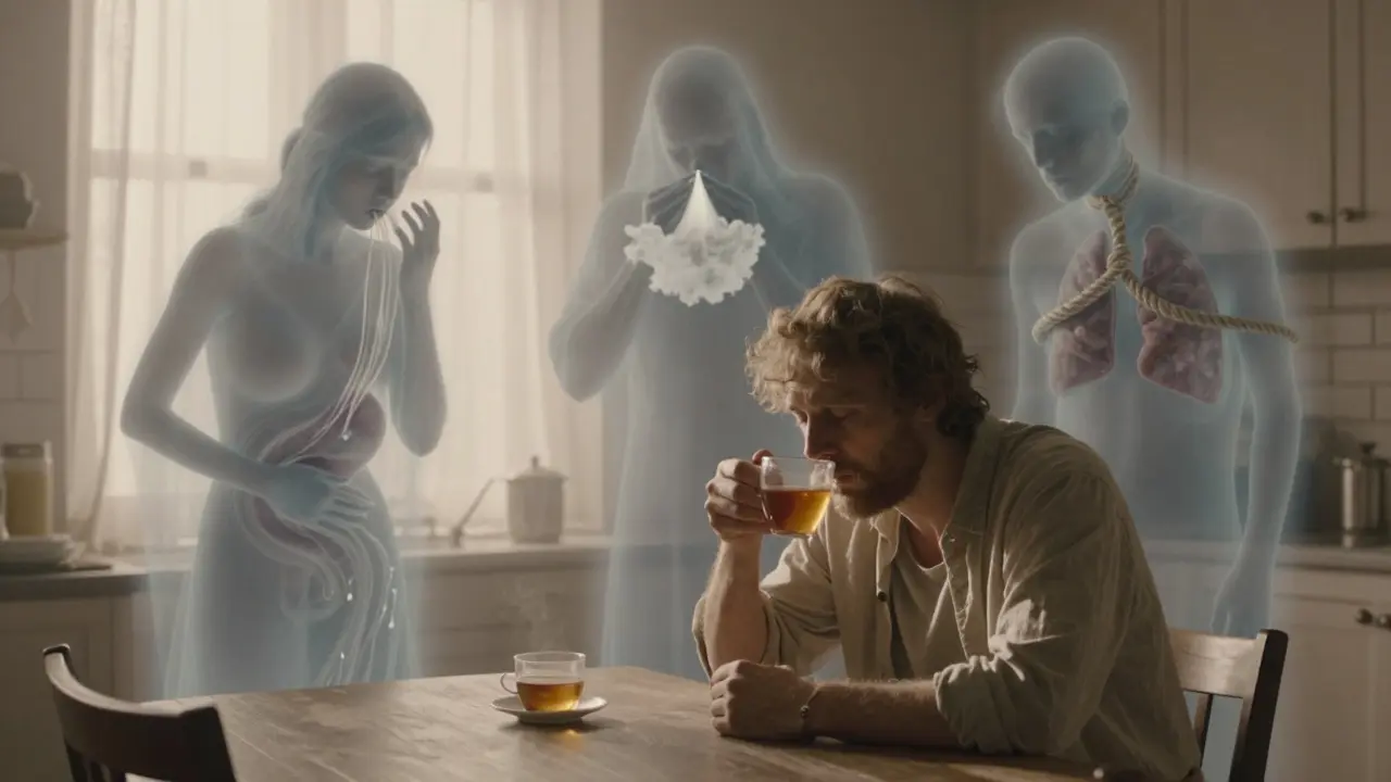 A patient sits at dawn as three ghostly symbols represent the unseen causes of their persistent cough.