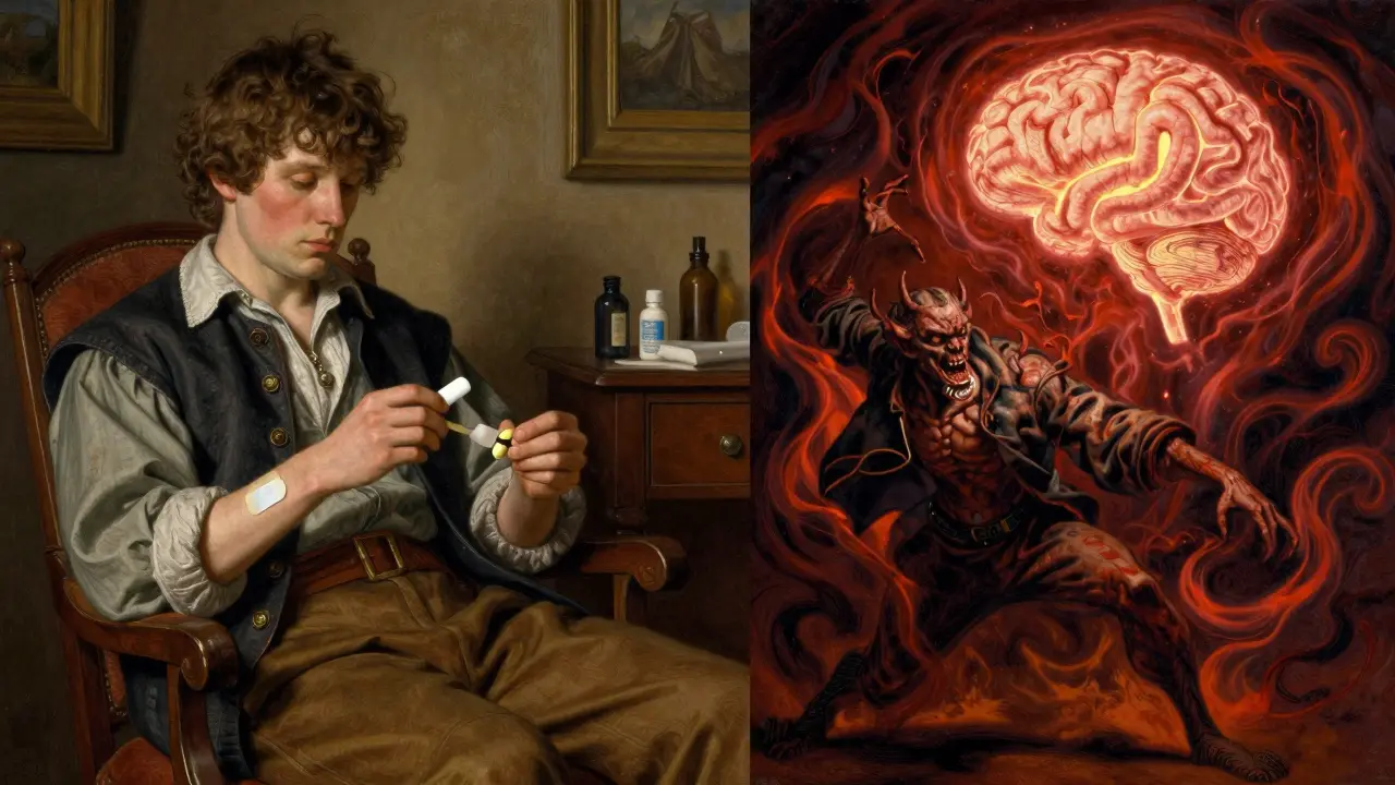 A person calmly using quit-smoking aids while vivid dreams chase away nicotine demons in the background.