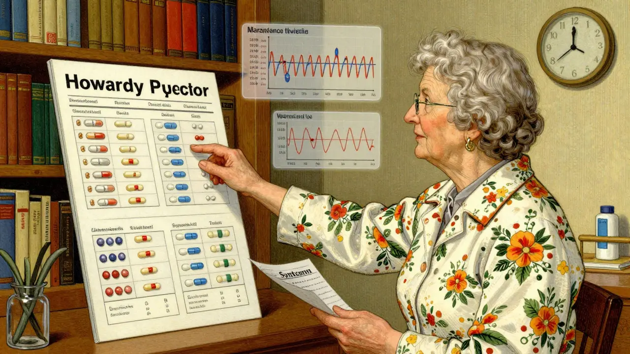 A pharmacist shows an elderly woman a chart comparing brand and generic medications with symbolic health indicators.