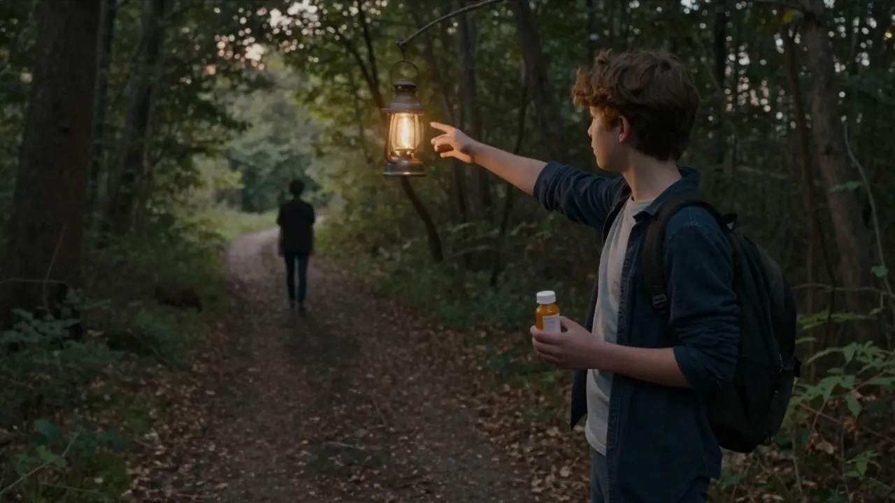A teen reaches toward a distant lantern at dusk, holding a medication bottle, as shadows of isolation fade behind them.