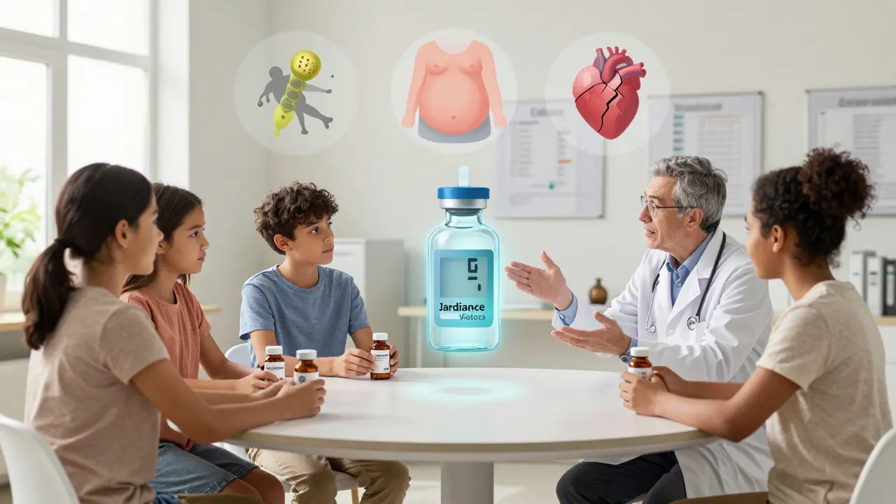 Diverse patients at a clinic with medication bottles and floating side effect icons, a doctor gesturing as futuristic insulin hovers above.
