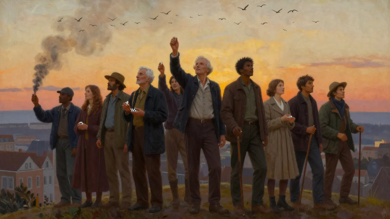 Diverse people on a hill at dawn, holding quit-smoking tools, watching smoke turn into flying birds.