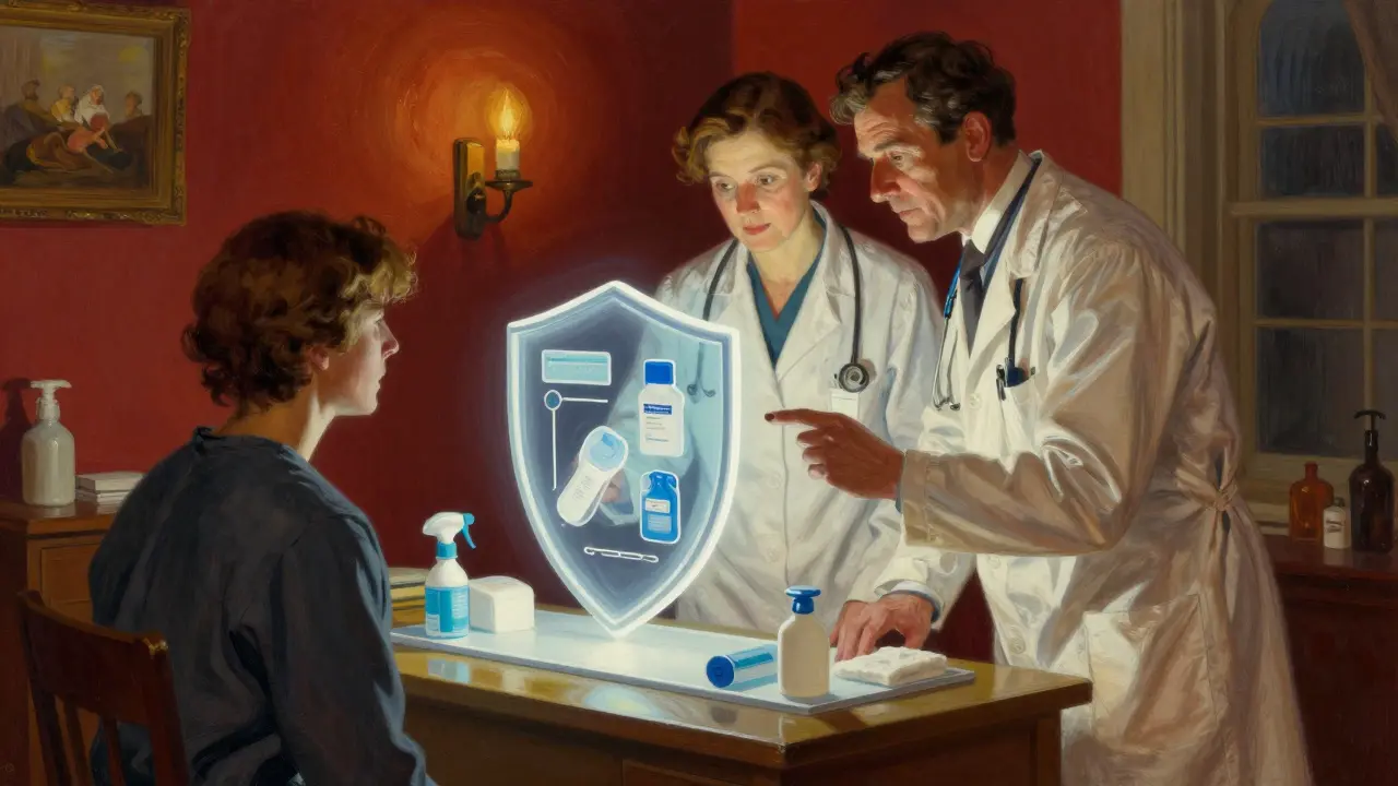 Doctor and patient reviewing protective shield in office.