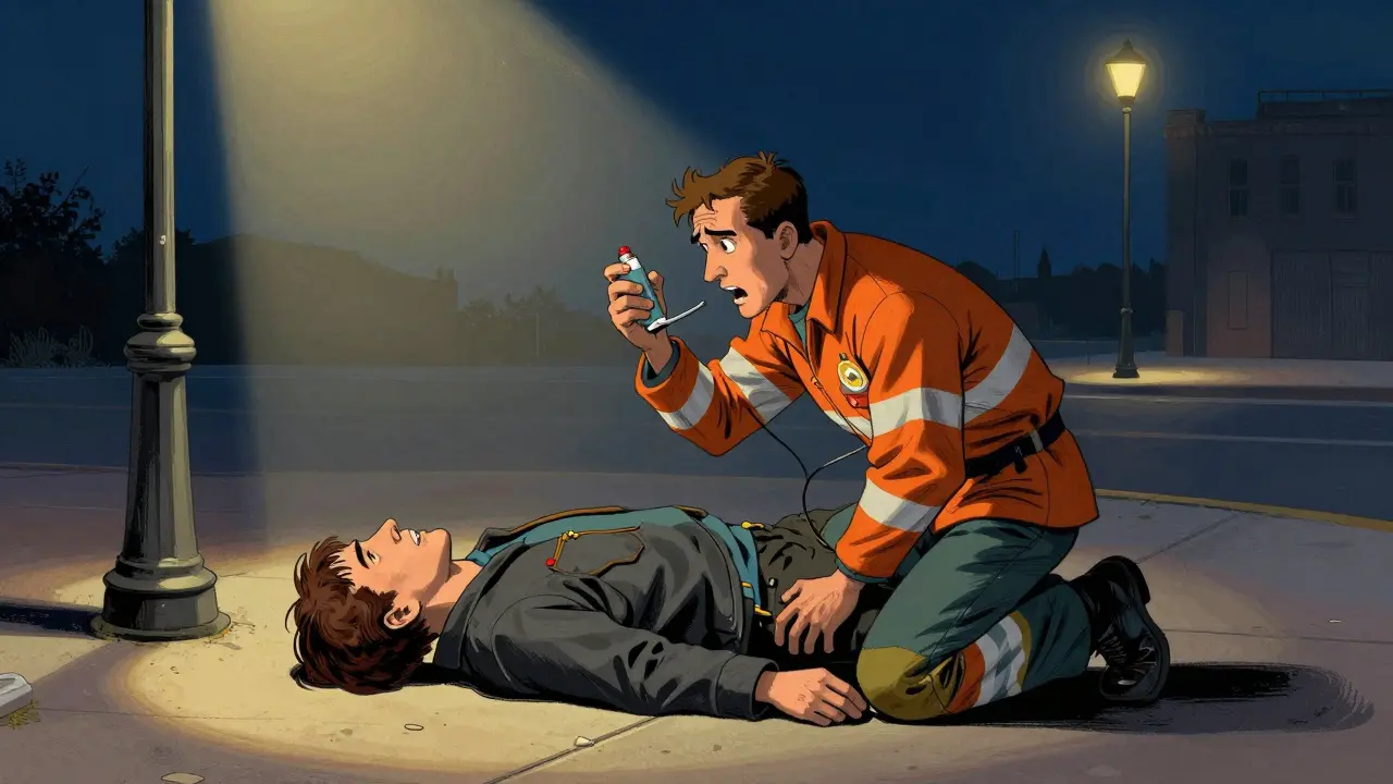 First responder aiding an unconscious person on the street