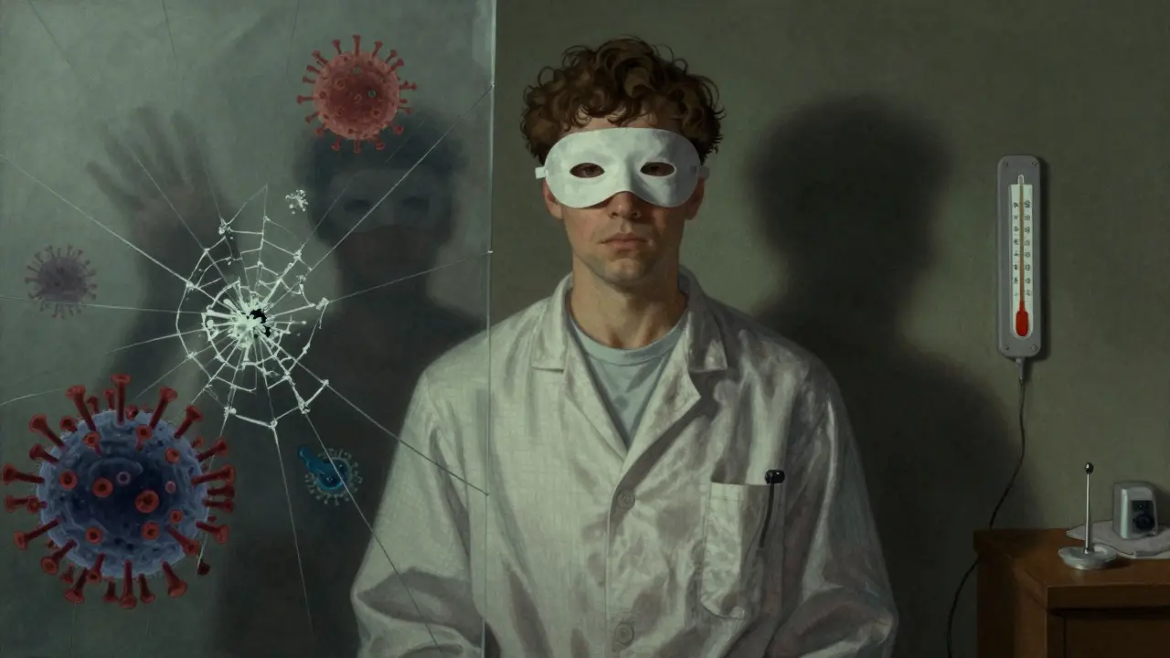 Healthy figure with hidden virus shadows behind cracked glass.