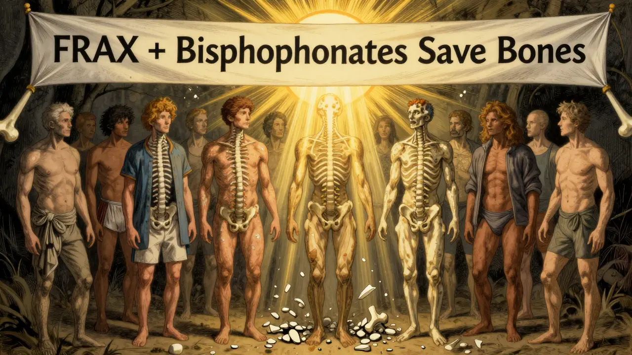 Patients with endocrine disorders stand together as golden light protects their spines, while crumbling bone fragments fall away into darkness.