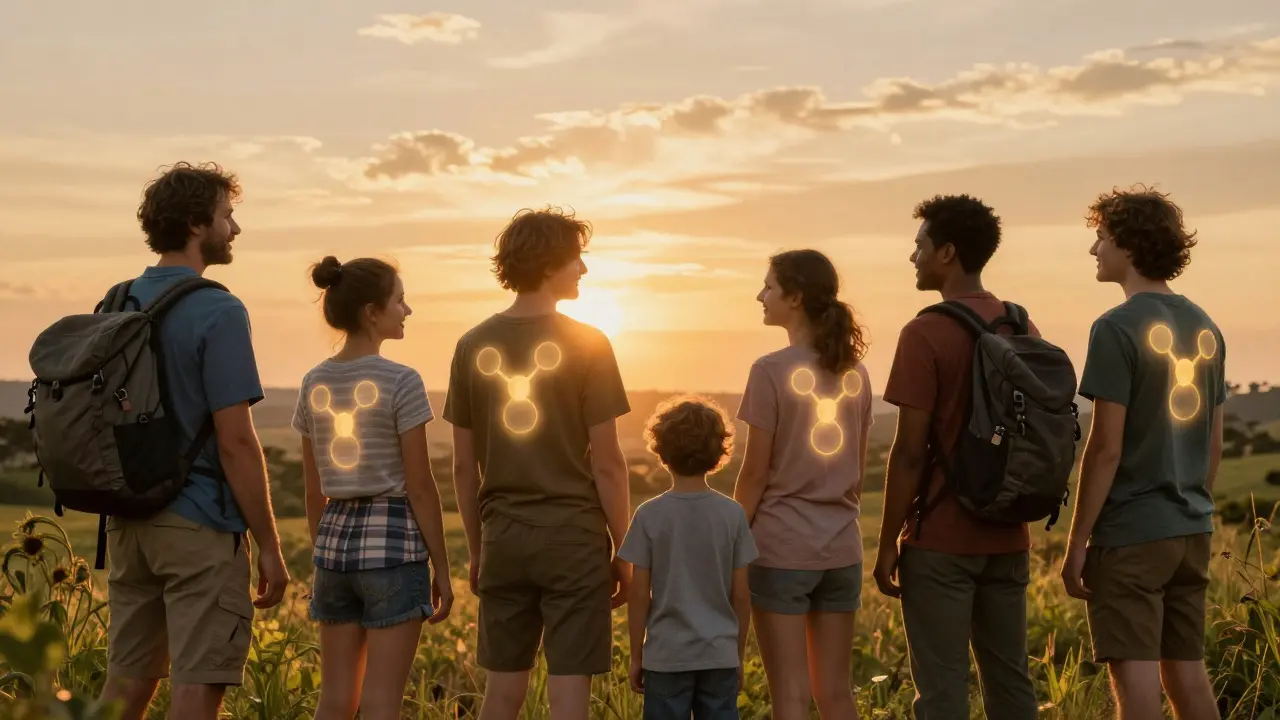 People enjoying nature with protective shields shaped like venom molecules glowing behind them.